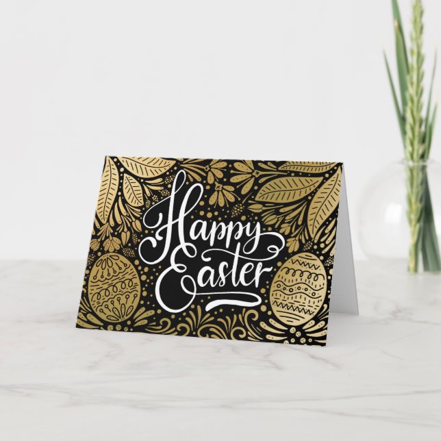 Tarjeta Festiva Feliz Pascua Elegante Boho Negro y Oro (Anverso)