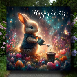Tarjeta Festiva Feliz Pascua Fantasía Art Bunny Flower Garden