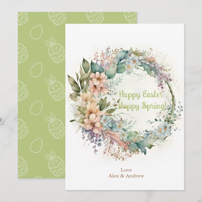 Tarjeta Festiva Feliz Pascua Feliz Primavera Mint Verde Floral Wre (Anverso / Reverso)