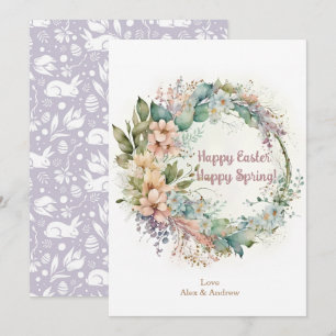 Tarjeta Festiva Feliz Pascua Feliz Primavera Watercolor Flor Wreat