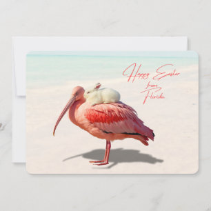 Tarjeta Festiva Feliz Pascua Florida Espatula Rosada y Conejito