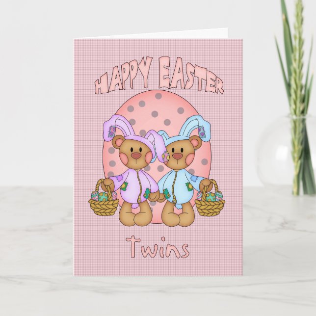 Tarjeta Festiva Feliz Pascua - Gemelos - Oso De Teddy En Bunny Co (Anverso)