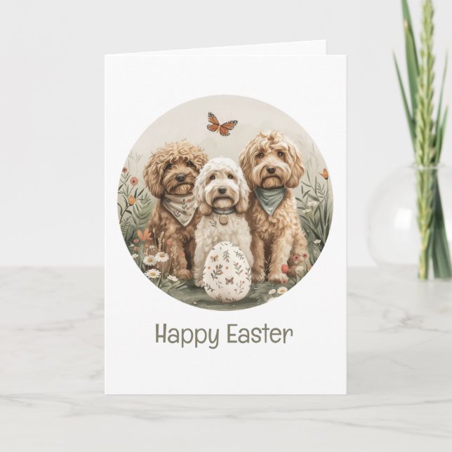 Tarjeta Festiva Feliz Pascua Goldendoodle Dogs (Anverso)