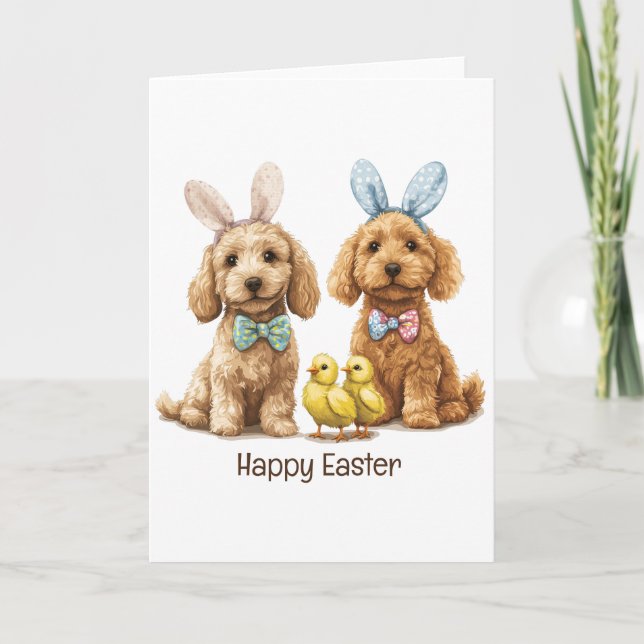 Tarjeta Festiva Feliz Pascua Goldendoodle Dogs (Anverso)