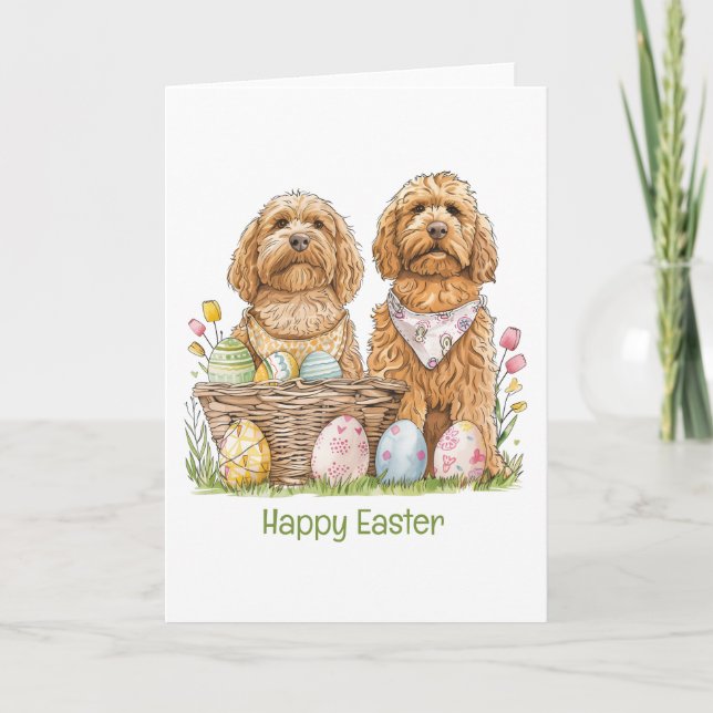 Tarjeta Festiva Feliz Pascua Goldendoodle Dogs (Anverso)