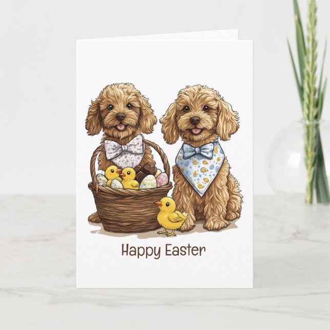 Tarjeta Festiva Feliz Pascua Goldendoodle Perro Cesta de Pascua (Anverso)