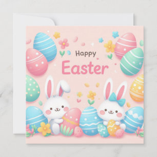 Tarjeta Festiva Feliz Pascua - Huevos de Conejo en Colores Pastel