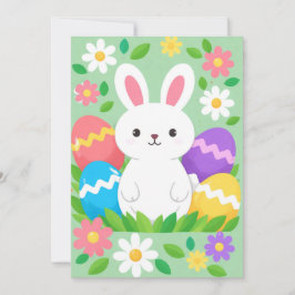 Tarjeta Festiva Feliz Pascua Lindísimo Conejo Blanco Huevos Colori