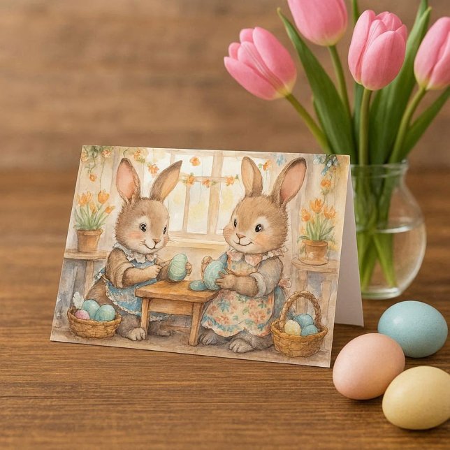 Tarjeta Festiva Feliz Pascua Lindos conejos de Pascua y huevos  (sweet Easter bunnies coloring eggs. mockup )