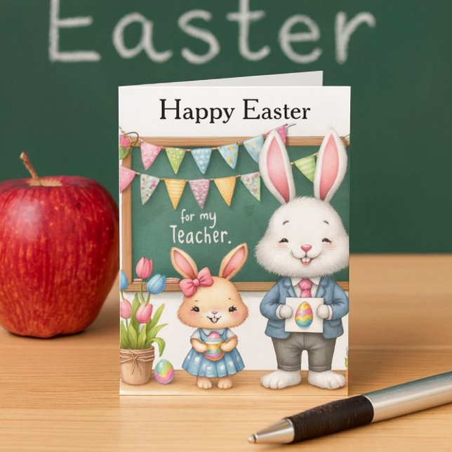 Tarjeta Festiva Feliz Pascua Maestro De Los Niños  (Sweet Easter card for teacher with bunnies, chalkboard, tulips, and festive classroom charm.)