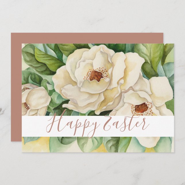 Tarjeta Festiva Feliz Pascua Magnolia Blanca Rosa Dorado Floral (Anverso / Reverso)