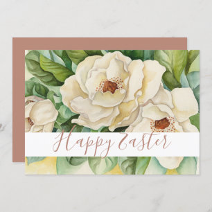 Tarjeta Festiva Feliz Pascua Magnolia Blanca Rosa Dorado Floral