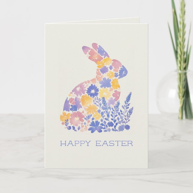 Tarjeta Festiva Feliz Pascua Moderna Watercolor Floral Bunny (Anverso)