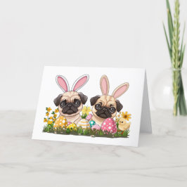 Tarjeta Festiva Feliz Pascua, Perro de Pug, Orejas Conejitas