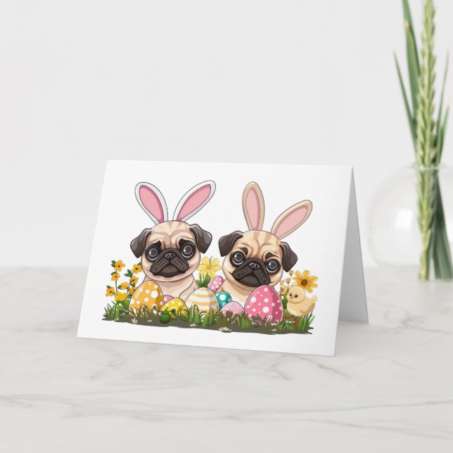 Tarjeta Festiva Feliz Pascua, Perro de Pug, Orejas Conejitas (Anverso)