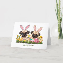 Tarjeta Festiva Feliz Pascua, Perro de Pug, Orejas Conejitas