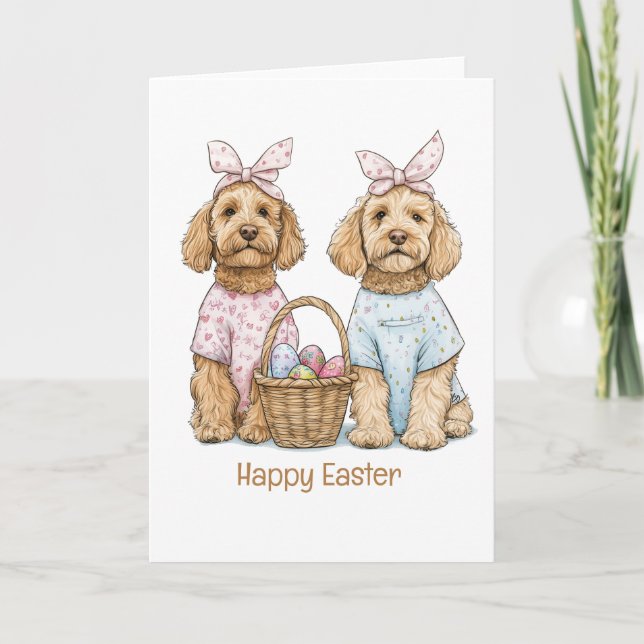Tarjeta Festiva Feliz Pascua Perros Goldendoodle (Anverso)