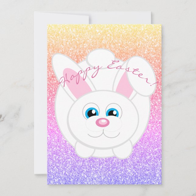 Tarjeta Festiva Feliz Pascua Personalizado Bunny Rainbow Purpurina (Anverso)
