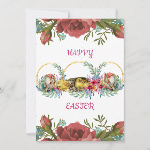 Tarjeta Festiva Feliz Pascua, Rosas florales, polluelo de huevos