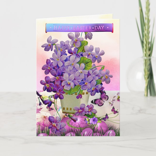 Tarjeta Festiva Feliz Pascua Violeta Púrpura y Pascua de Huevos (Anverso)