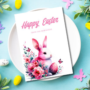 Tarjeta Festiva Feliz Pascua Watercolor Bunny Pink