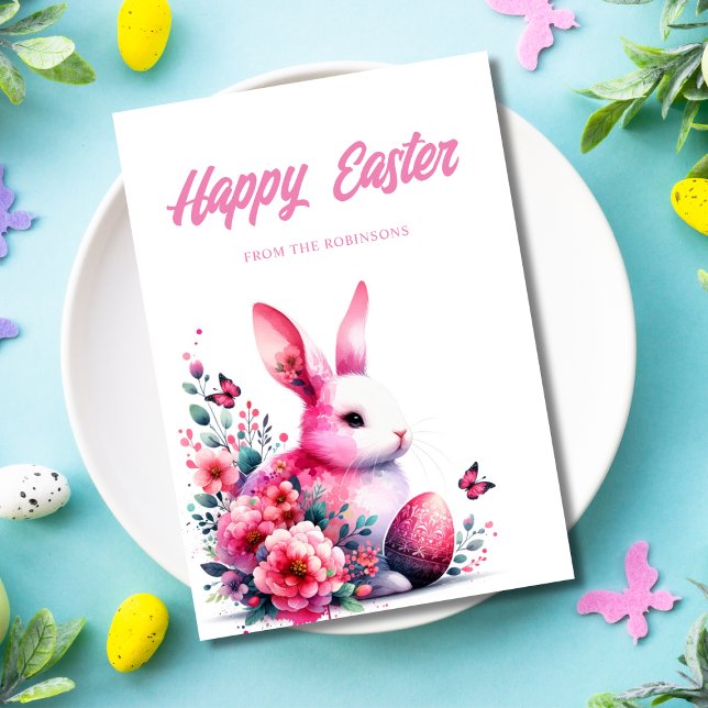 Tarjeta Festiva Feliz Pascua Watercolor Bunny Pink (Pink bunny happy easter card custom.)