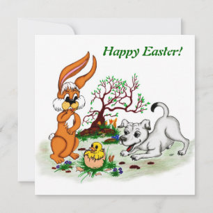 Tarjeta Festiva ¡Feliz Pascua! Welpe, Küken, Hase