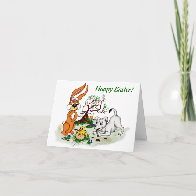 Tarjeta Festiva ¡Feliz Pascua! Welpe, Küken, Hase (Anverso)