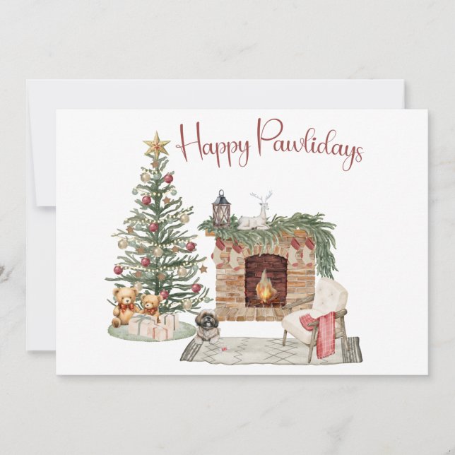Tarjeta Festiva Feliz Pawlidays Diseño de Perro - Lhasa Apso (Anverso)