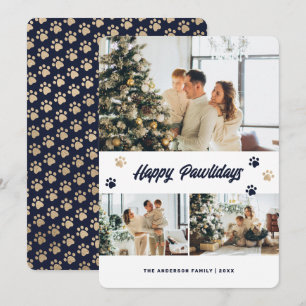 Tarjeta Festiva Feliz Pawlidays Foto Azul Oro