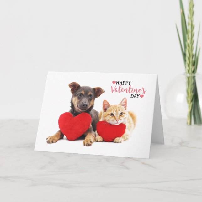 Tarjeta Festiva Feliz perro y gato de San Valentín (Anverso)
