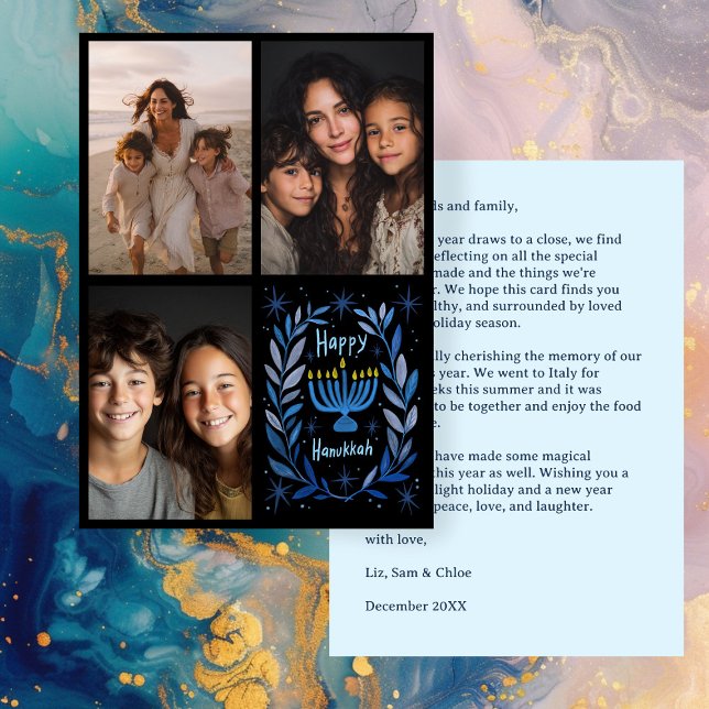 Tarjeta Festiva FELIZ PERSONALIZADO de HANUKKAH 3 FOTO (HAPPY HANUKKAH Hand-Drawn CUSTOM 3 PHOTO Letter Holiday Card
)