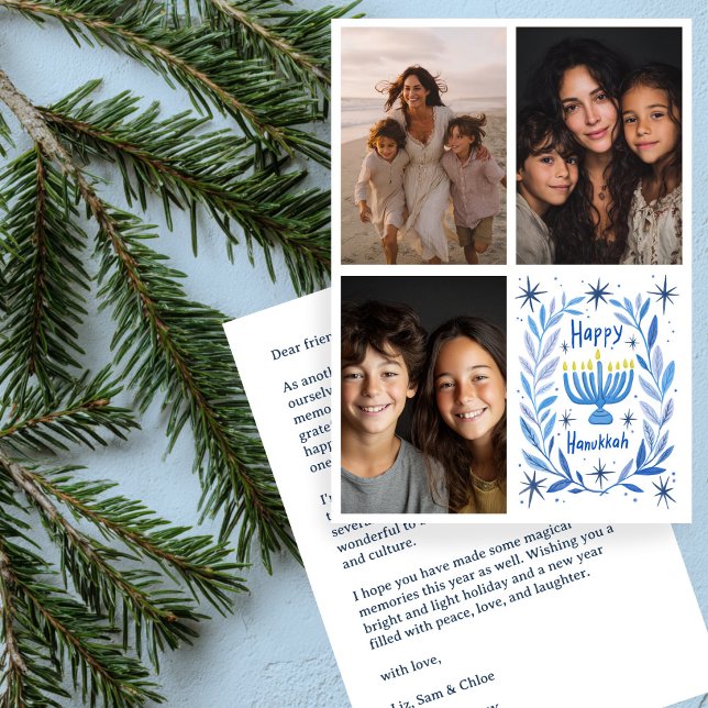 Tarjeta Festiva FELIZ PERSONALIZADO de HANUKKAH 3 FOTO (HAPPY HANUKKAH Hand-Drawn CUSTOM 3 PHOTO Letter Holiday Card
)