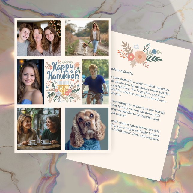 Tarjeta Festiva FELIZ PERSONALIZADO de HANUKKAH 6 FOTO (HAPPY HANUKKAH Hand-Drawn CUSTOM 6 PHOTO Holiday Card
)