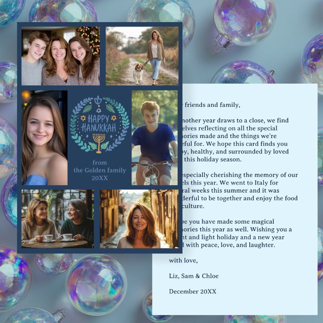 Tarjeta Festiva FELIZ PERSONALIZADO de HANUKKAH 6 FOTO (HAPPY HANUKKAH Hand-Drawn CUSTOM 6 PHOTO Holiday Card
)