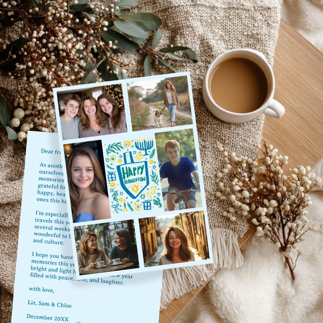 Tarjeta Festiva FELIZ PERSONALIZADO de HANUKKAH 6 FOTO (HAPPY HANUKKAH Hand-Drawn CUSTOM 6 PHOTO Collage Holiday Card / digital download
)