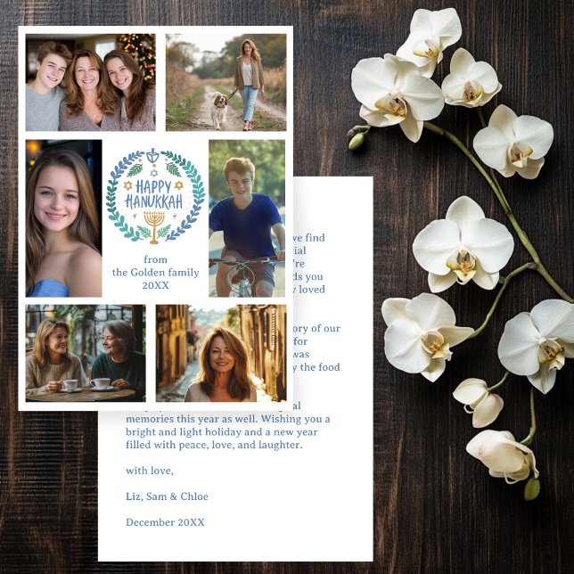 Tarjeta Festiva FELIZ PERSONALIZADO de HANUKKAH 6 FOTO (HAPPY HANUKKAH Hand-Drawn CUSTOM 6 PHOTO Holiday Card
)