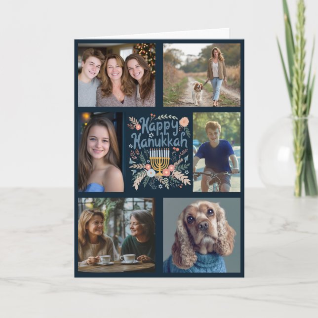 Tarjeta Festiva FELIZ PERSONALIZADO de HANUKKAH, 6 FOTO doblada (Anverso)