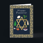 Tarjeta Festiva Feliz Pesach Seder Placa Estrella de David<br><div class="desc">Azul y dorado "Feliz Pascua "tarjeta de saludo con placa de Séder y Estrella de David. Puedes personalizar el saludo en la parte delantera y el mensaje en el interior de la tarjeta.</div>