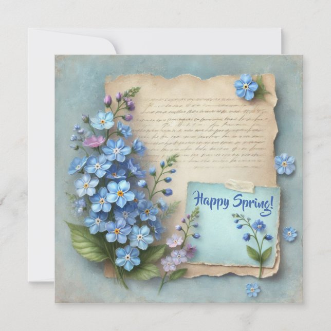 Tarjeta Festiva Feliz primavera con azul, olvídate de las flores (Anverso)