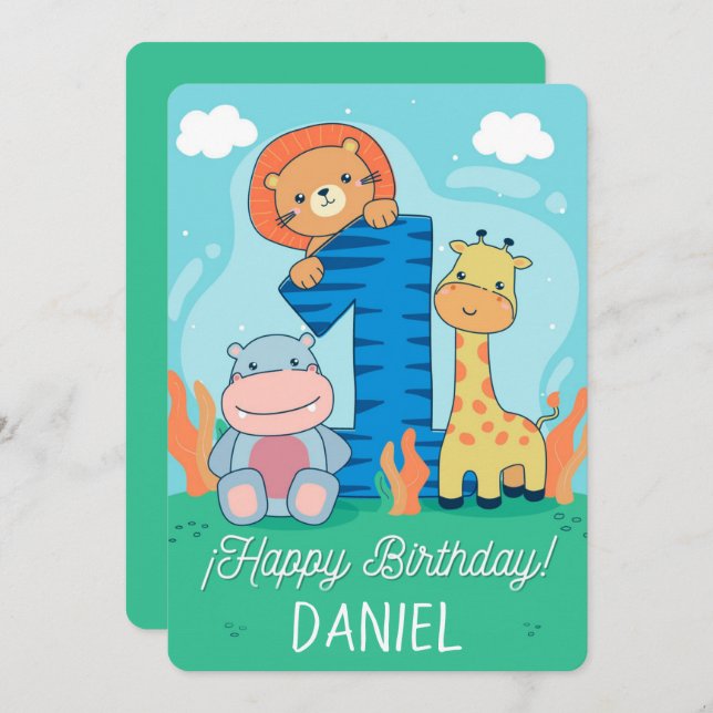 Tarjeta Festiva Feliz primer cumpleaños (Anverso / Reverso)