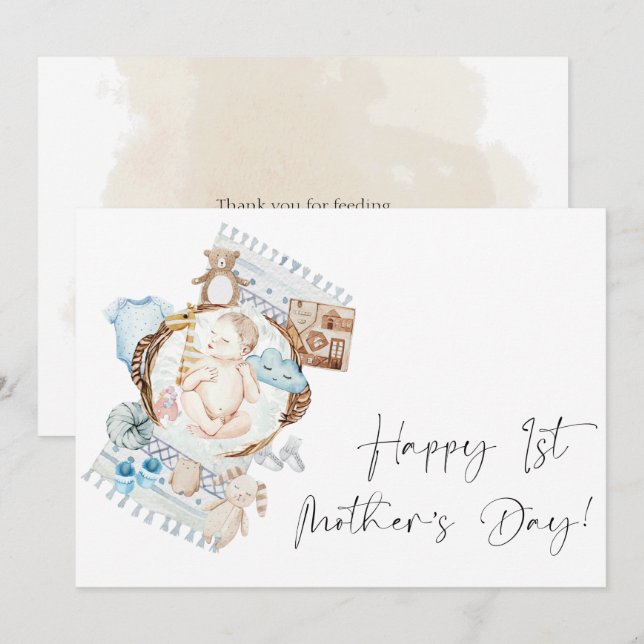 Tarjeta Festiva Feliz primer día de madre, niño azul floral (Anverso / Reverso)