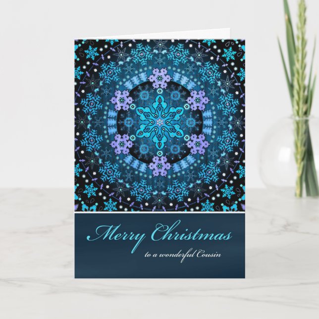 Tarjeta Festiva Feliz Primo de Navidad, Blue Boho Snflakes (Anverso)