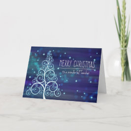 Tarjeta Festiva Feliz profesor de Navidad, efecto bokeh y árbol