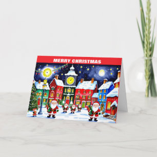 Tarjeta Festiva Feliz pueblo navideño con Santa Claus