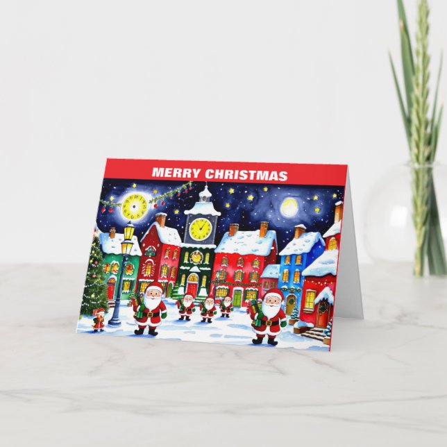 Tarjeta Festiva Feliz pueblo navideño con Santa Claus (Anverso)