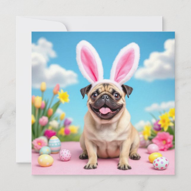 Tarjeta Festiva Feliz Pug de Pascua con orejas de conejito (Anverso)