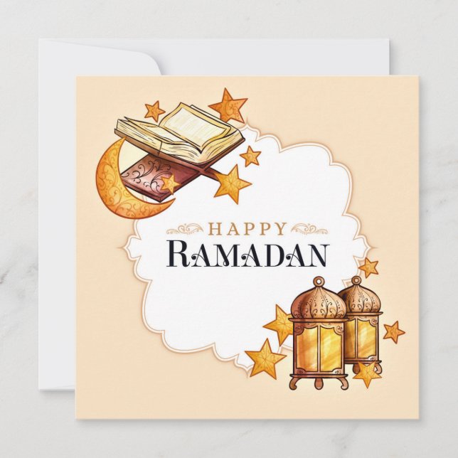 Tarjeta Festiva Feliz Ramadán Acuarela Creciente Islámico, Corán (Anverso)