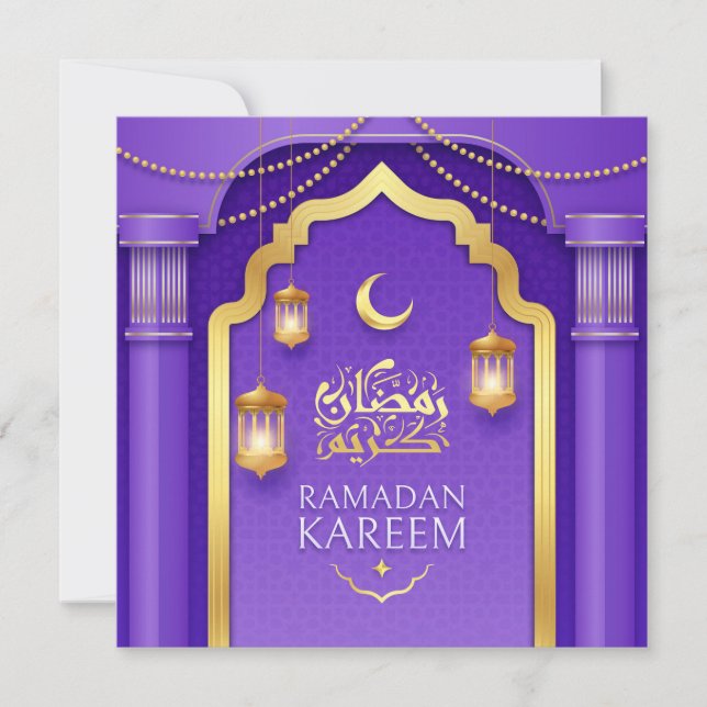 Tarjeta Festiva Feliz Ramadán Mubarak Oro Creciente Púrpura (Anverso)