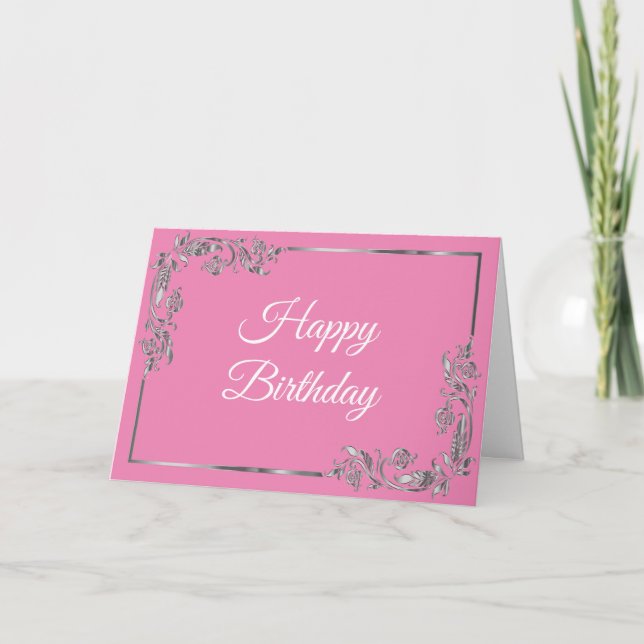 Tarjeta Festiva Feliz Regalo De Cumpleaños Te Desea Rosa Y Plata (Anverso)